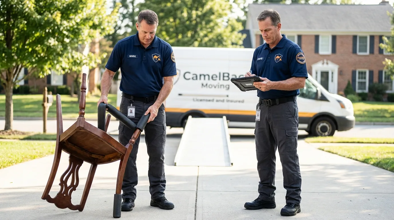 Movers inspecting furniture for damage prevention before loading in Dardanelle, AR