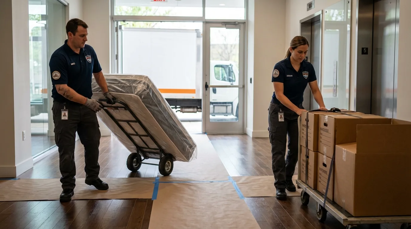 Professional apartment movers loading elevator in Dardanelle, AR