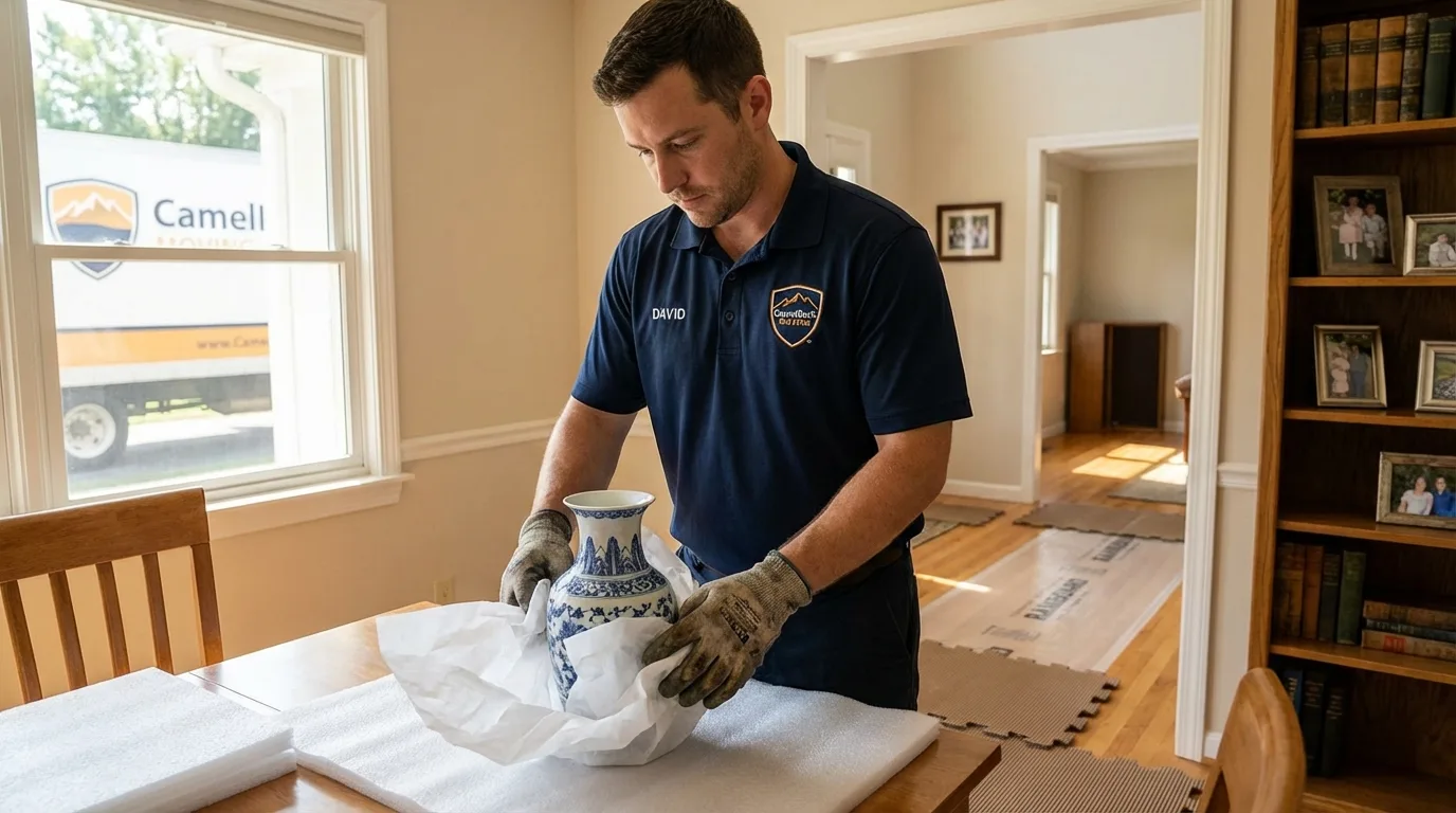 Professional crew carefully wrapping antique vase for senior downsizing move in Dardanelle, AR